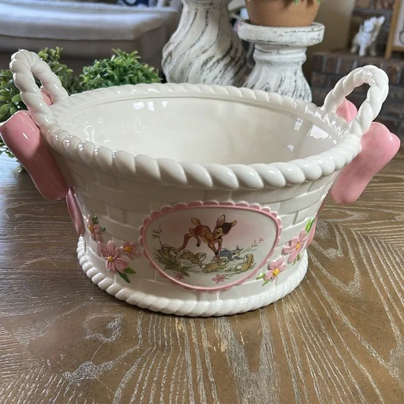 Walt Disney Bambi Thumper Bunny Rabbit Ceramic Weaved Easter Basket Pink Bows - Picture 5 of 10